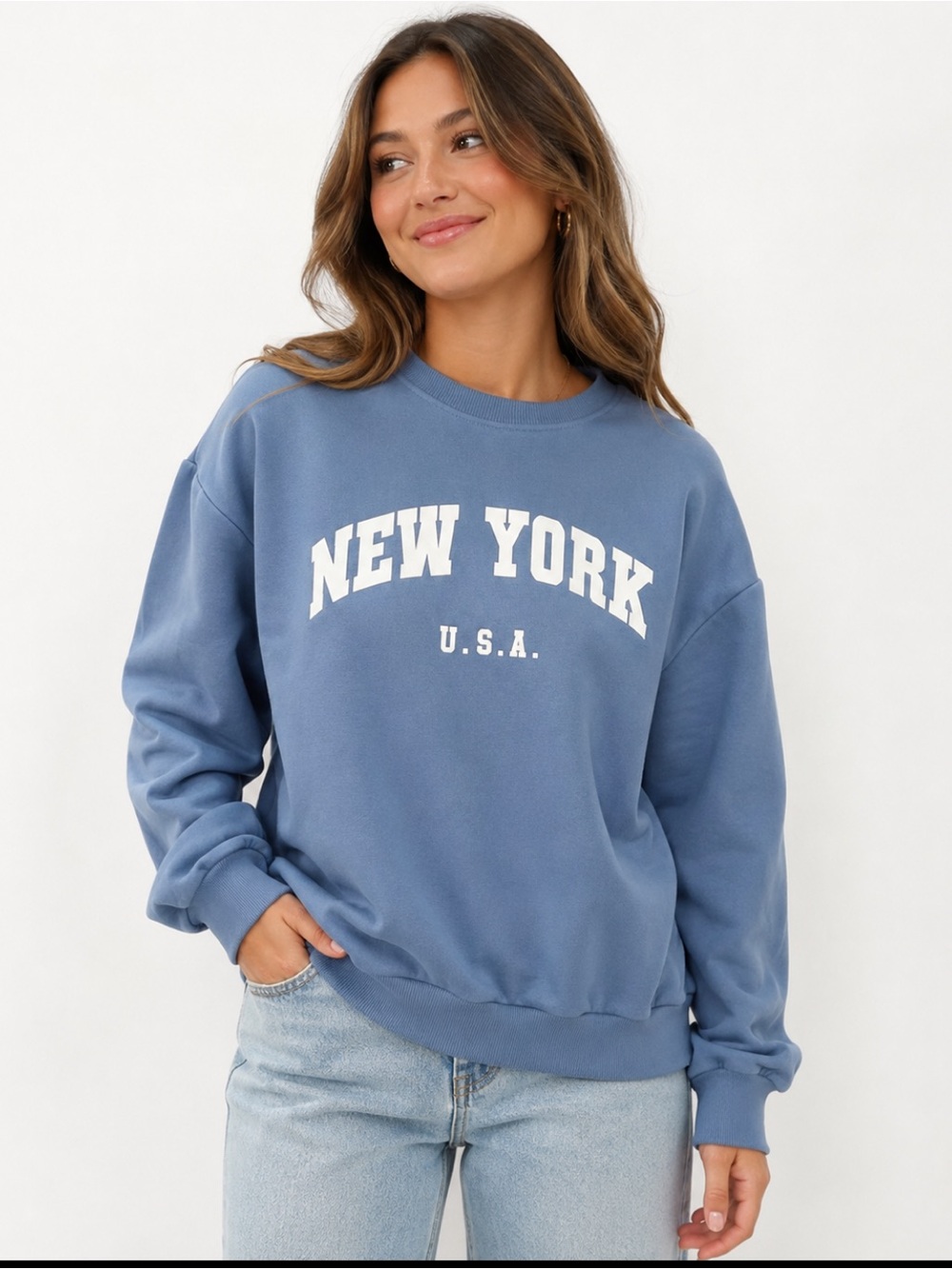 SHEIN Blue 'New York U.S.A.' Pullover Sweatshirt